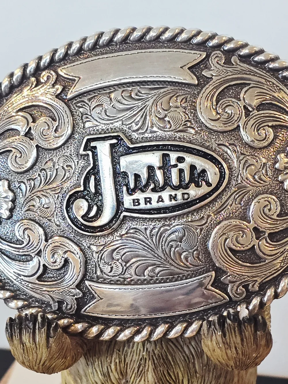 Justin Boots Silver-tone Western Buckle with Engraved Scrollwork